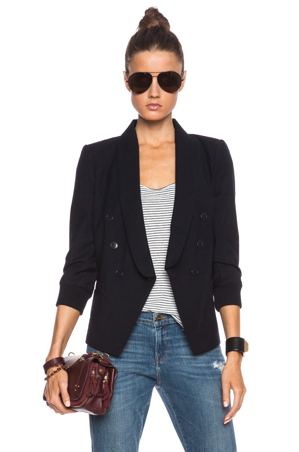 Image 1 of Band of Outsiders Shawl Collar Blazer with Rib Cuffs in Navy