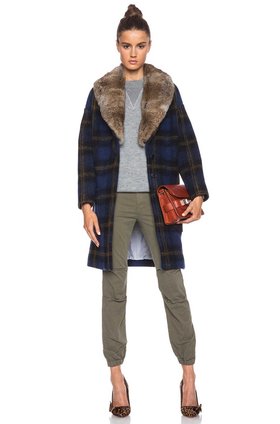 Image 1 of Band of Outsiders Windowpane Coat with Detachable Faux Fur Collar in Navy