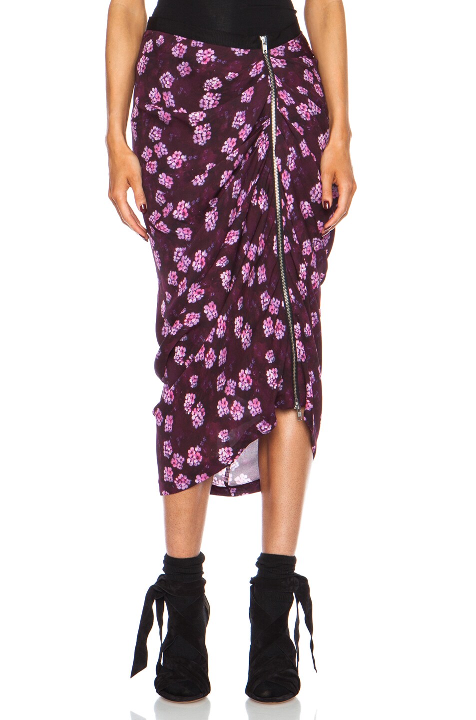 Image 1 of Band of Outsiders Cherry Blossom Drape Front Silk Skirt in Plum
