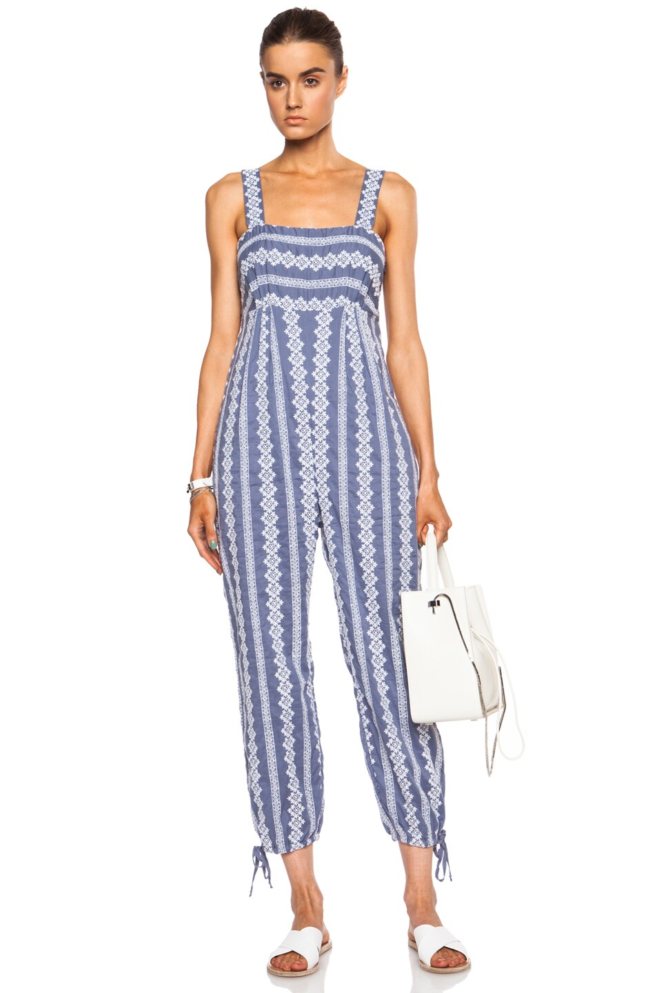 Image 1 of Band of Outsiders Stripe Cotton Eyelet Jumpsuit with Ankle Ties in Misty Blue