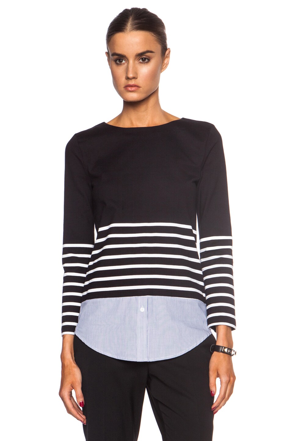 Image 1 of Band of Outsiders Breton Stripe Cotton Top with Contrast Shirttail in Black & White