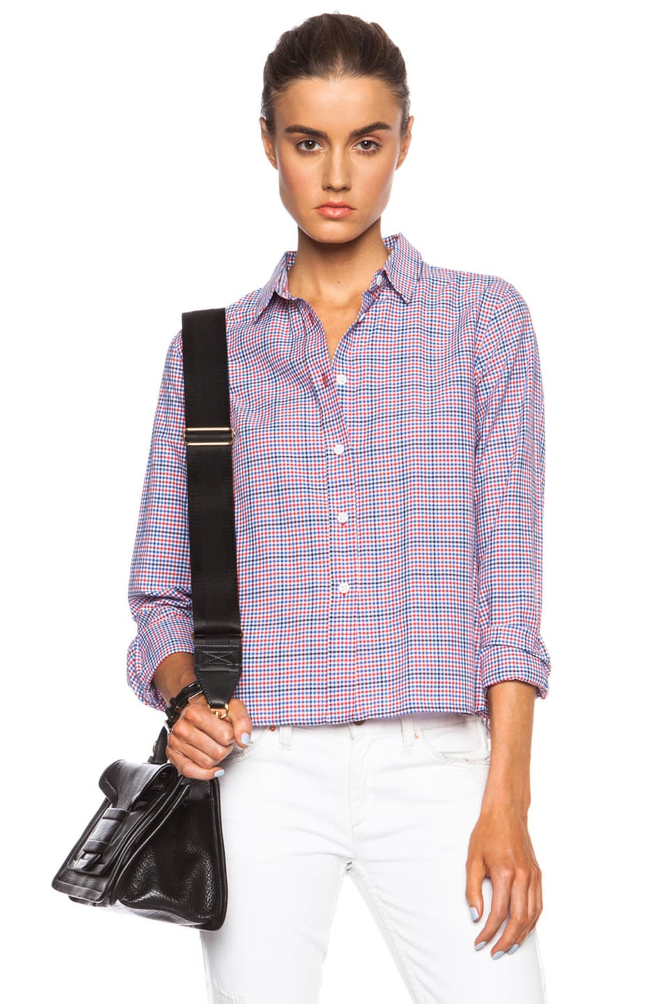 Image 1 of Band of Outsiders Summer Check Cropped and Boxy Cotton Shirt in Blue & Red