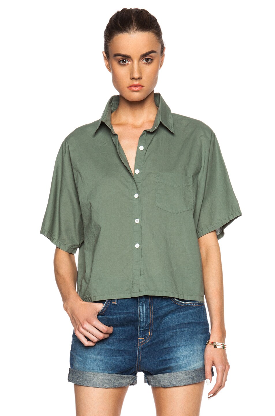 Image 1 of Band of Outsiders Batiste Cropped Button Up in Army Green