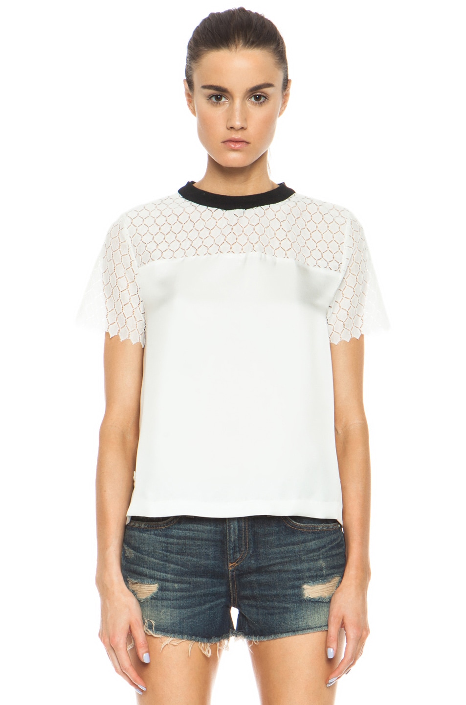 Image 1 of Band of Outsiders Lace Inset Silk Top in Ivory