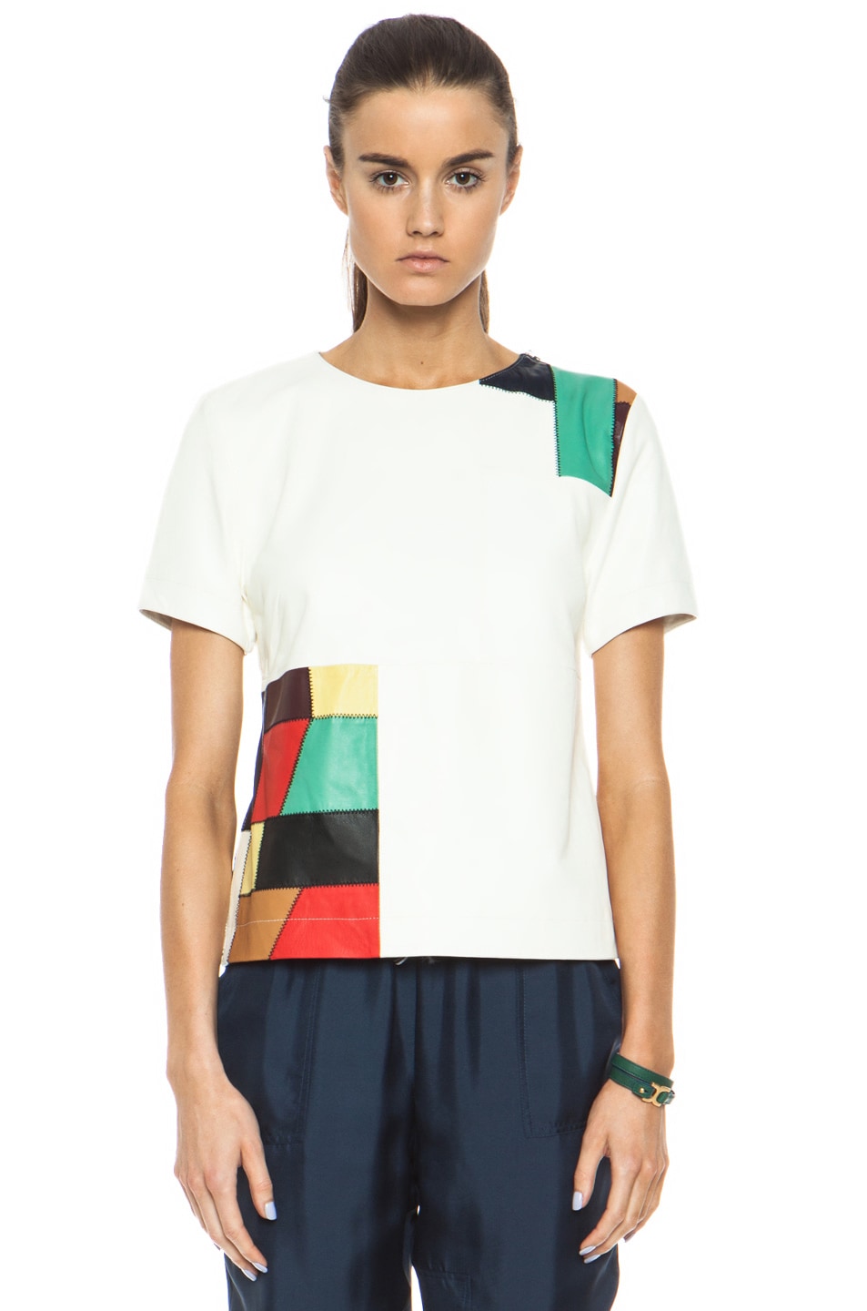 Image 1 of Band of Outsiders Patchwork Leather Top in Off White
