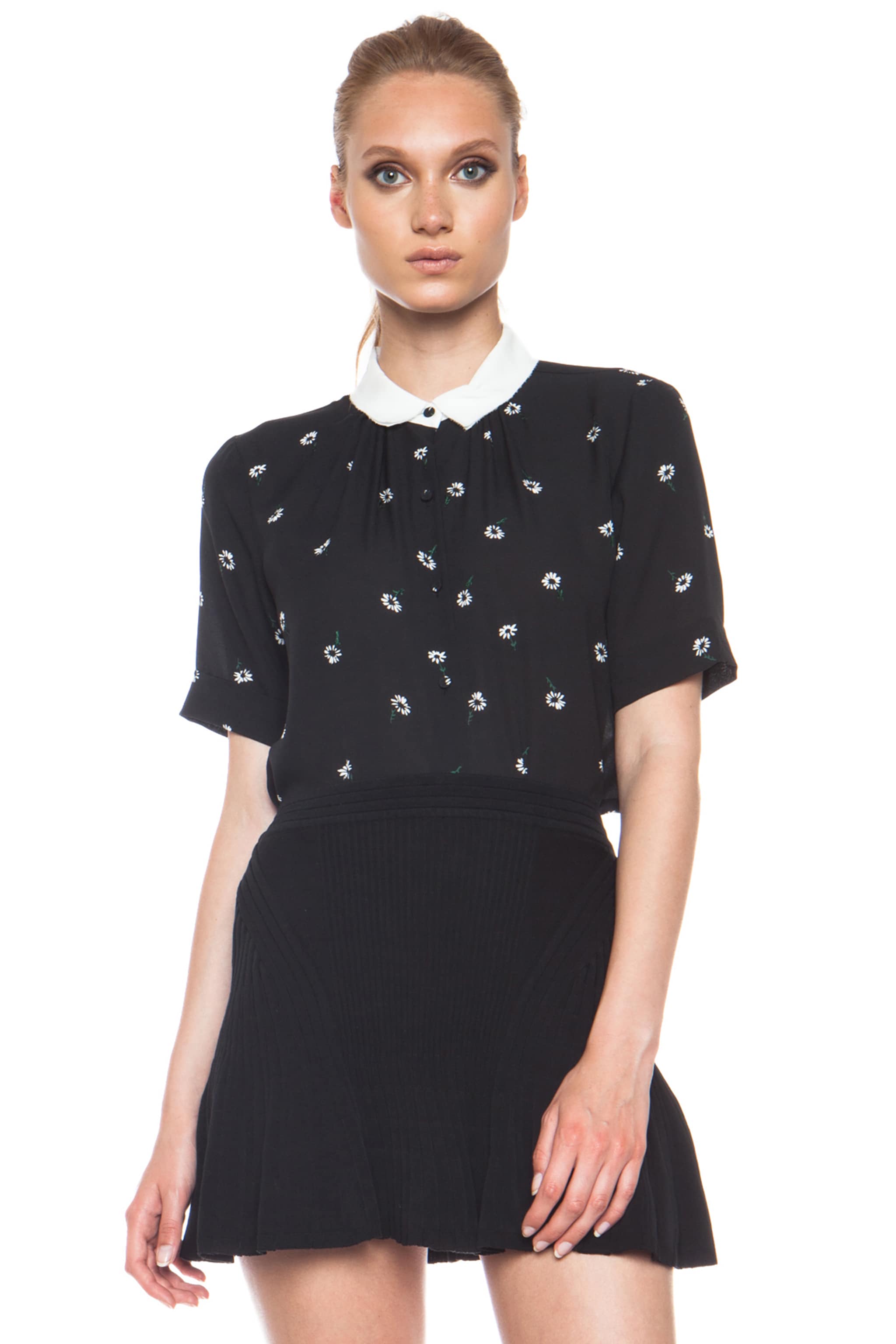 Image 1 of Band of Outsiders Daisy Embroidered Silk Blouse in Black
