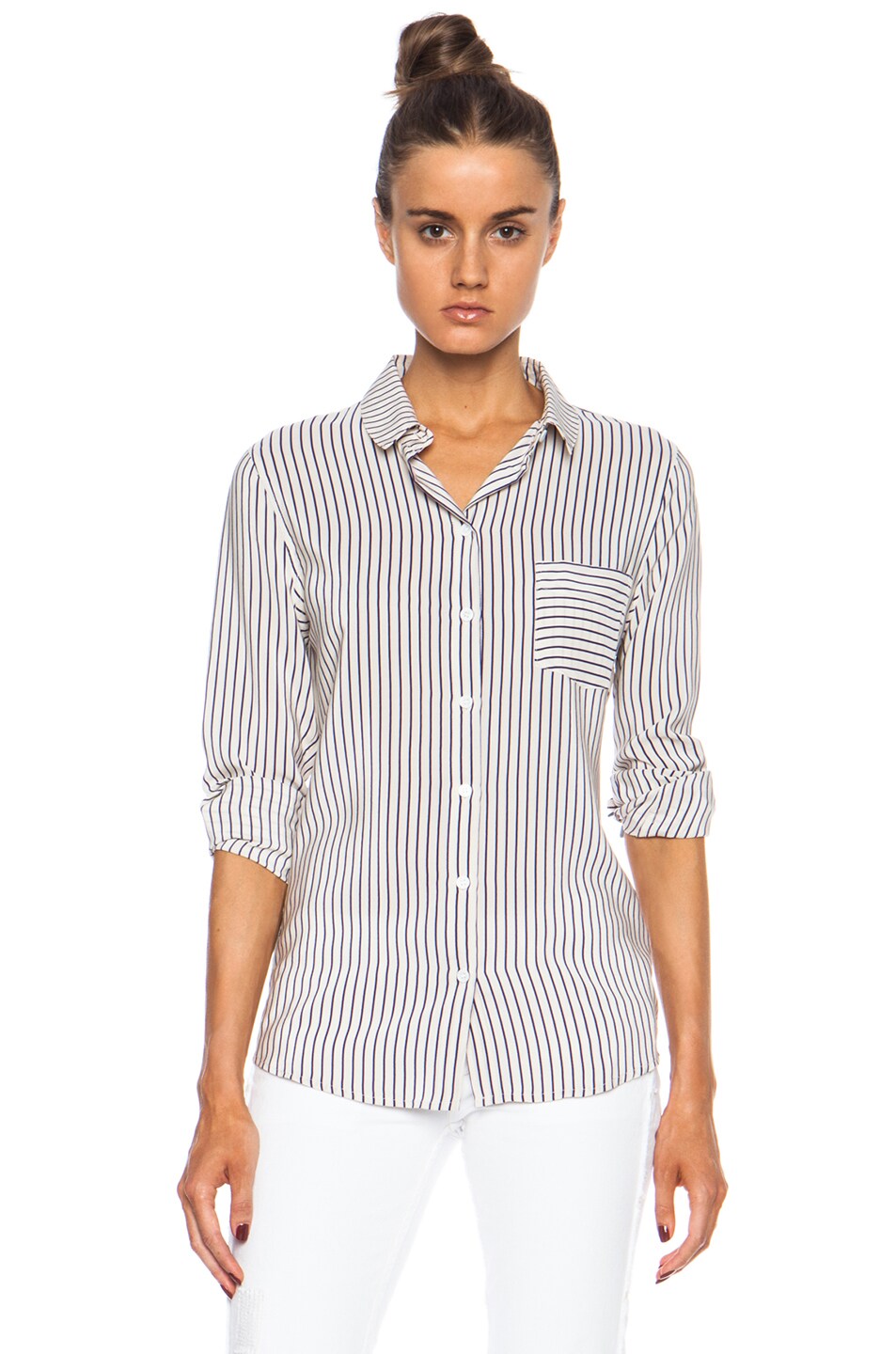 Image 1 of Band of Outsiders Striped Silk Crepe Easy Shirt in Champagne