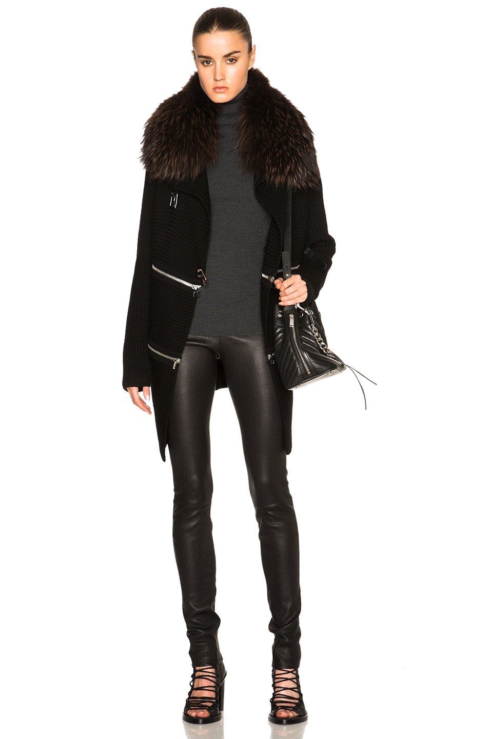 Image 1 of Barbara Bui Long Zip Cardigan with Raccoon Fur Collar in Black & Chocolate