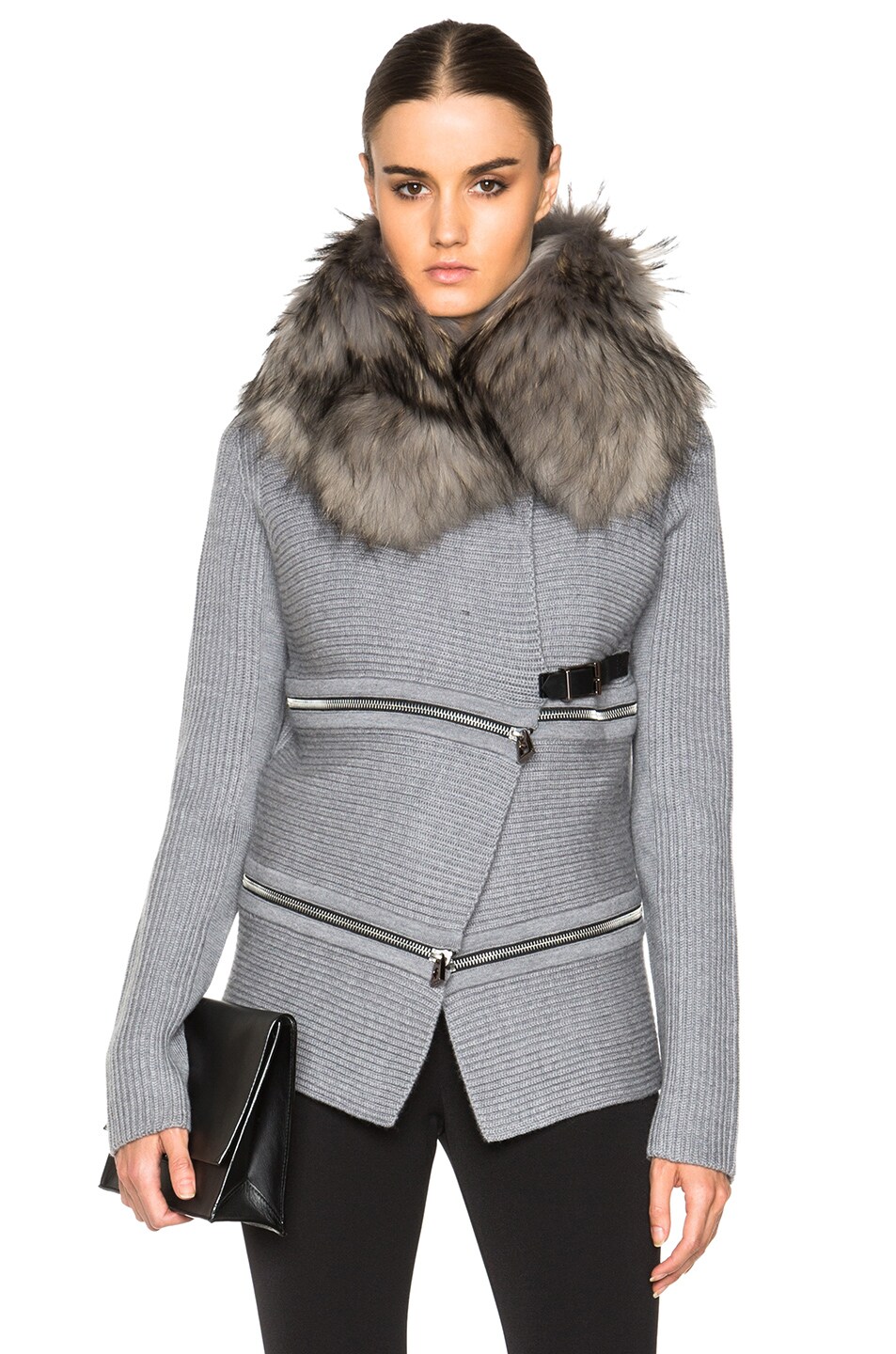 Image 1 of Barbara Bui Zip Knit Cardigan with Raccoon Fur Collar in Grey