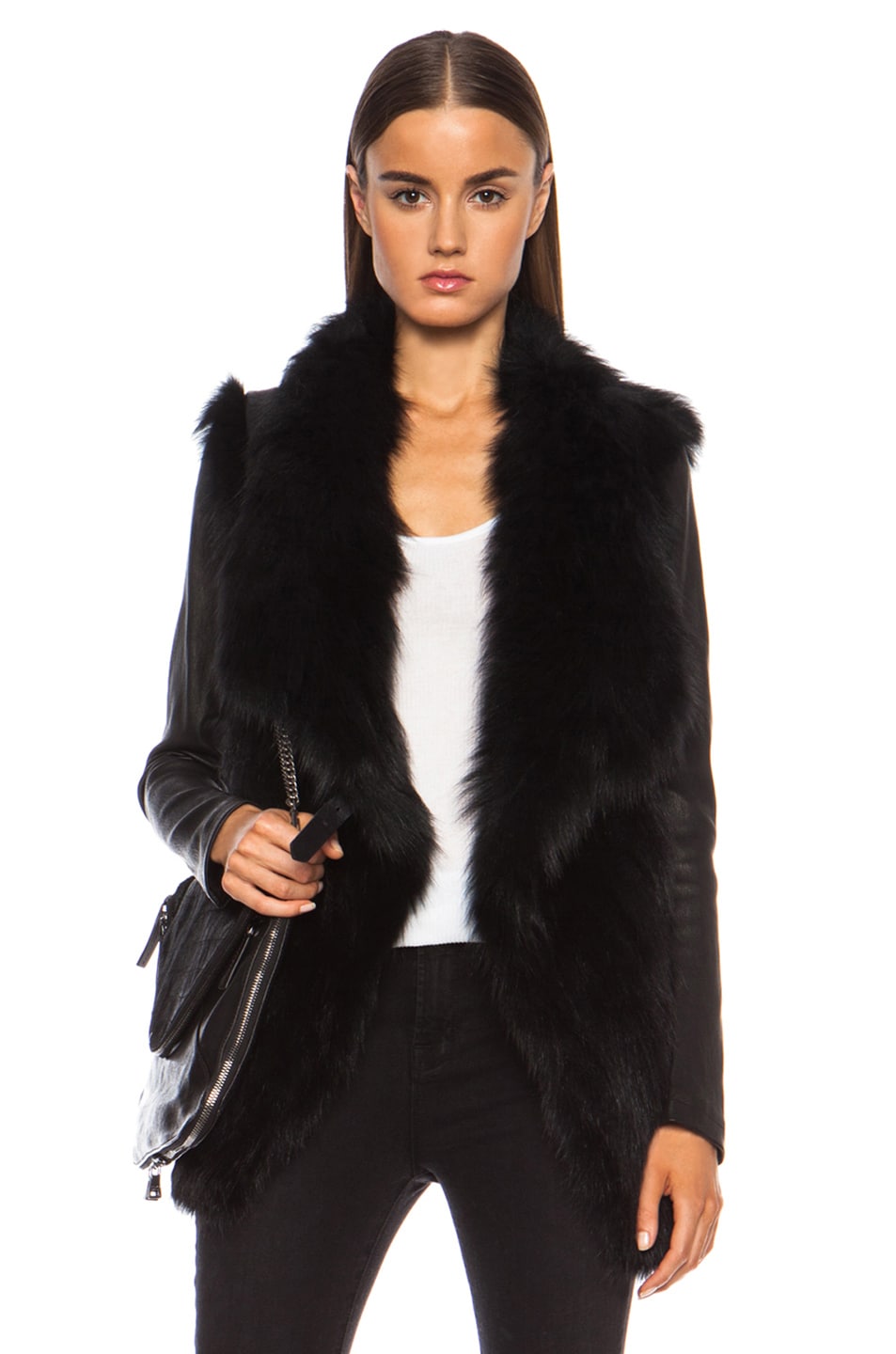 Image 1 of Barbara Bui Leather Sleeved Fur Jacket in Black