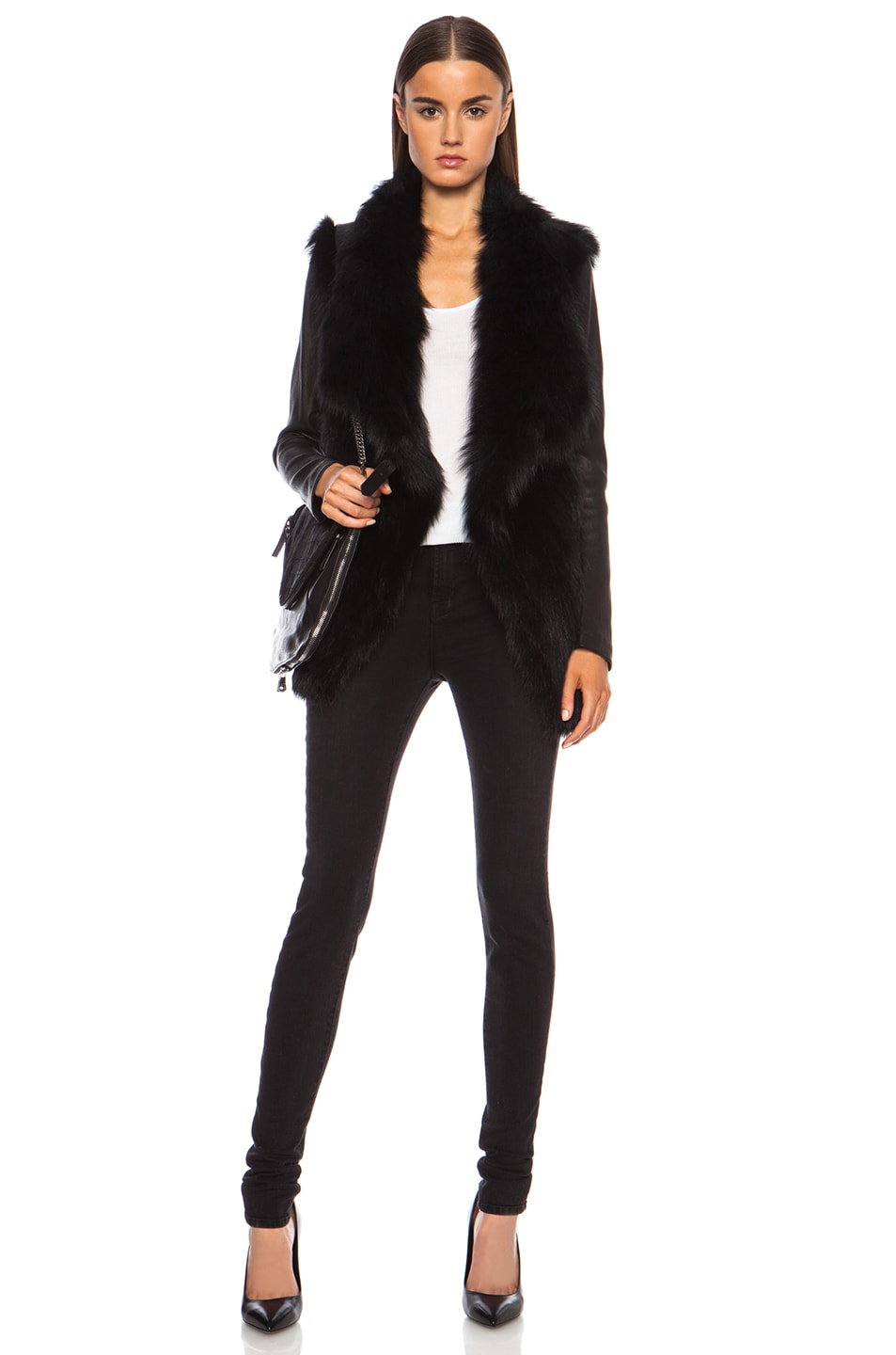 Barbara Bui Leather Sleeved Fur Jacket in Black | FWRD