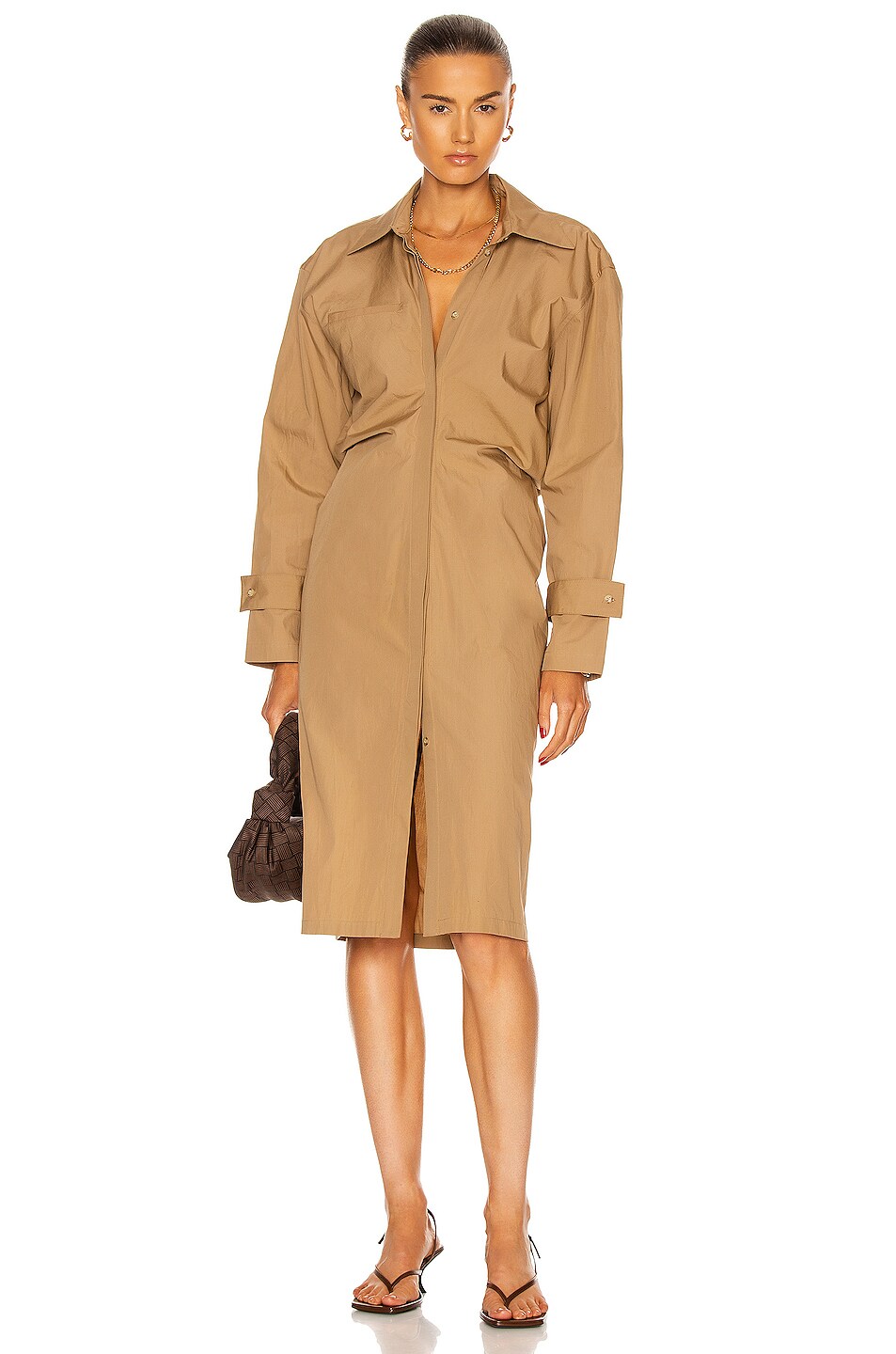 Image 1 of Bassike Cotton Cinched Waist Long Sleeve Dress in Desert