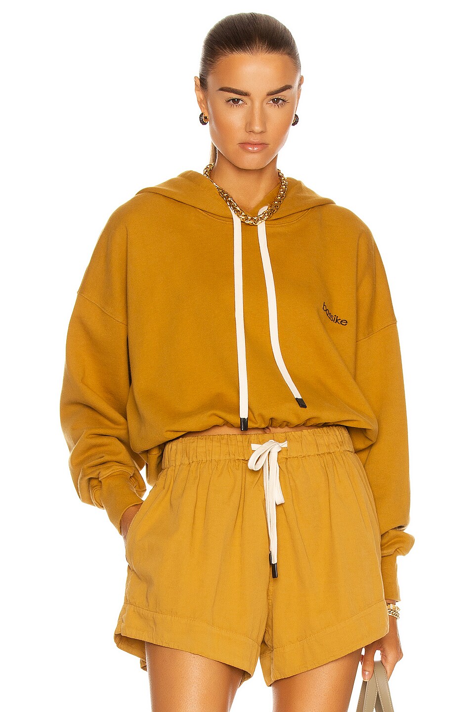 Image 1 of Bassike Branded Cropped Hooded Sweatshirt in Mustard