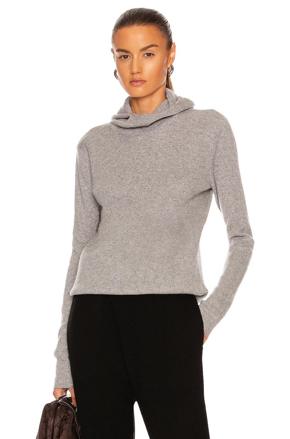 Image 1 of Bassike Fitted Hooded Ribbed Knit Sweater in Grey Melange