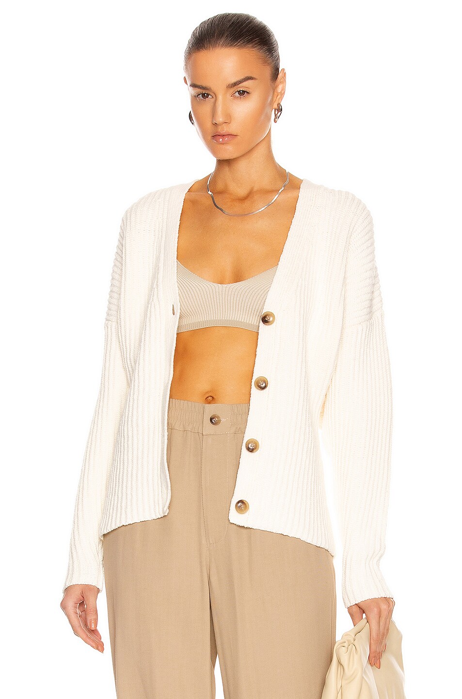 Image 1 of Bassike Ribbed Waisted Cardigan in Natural