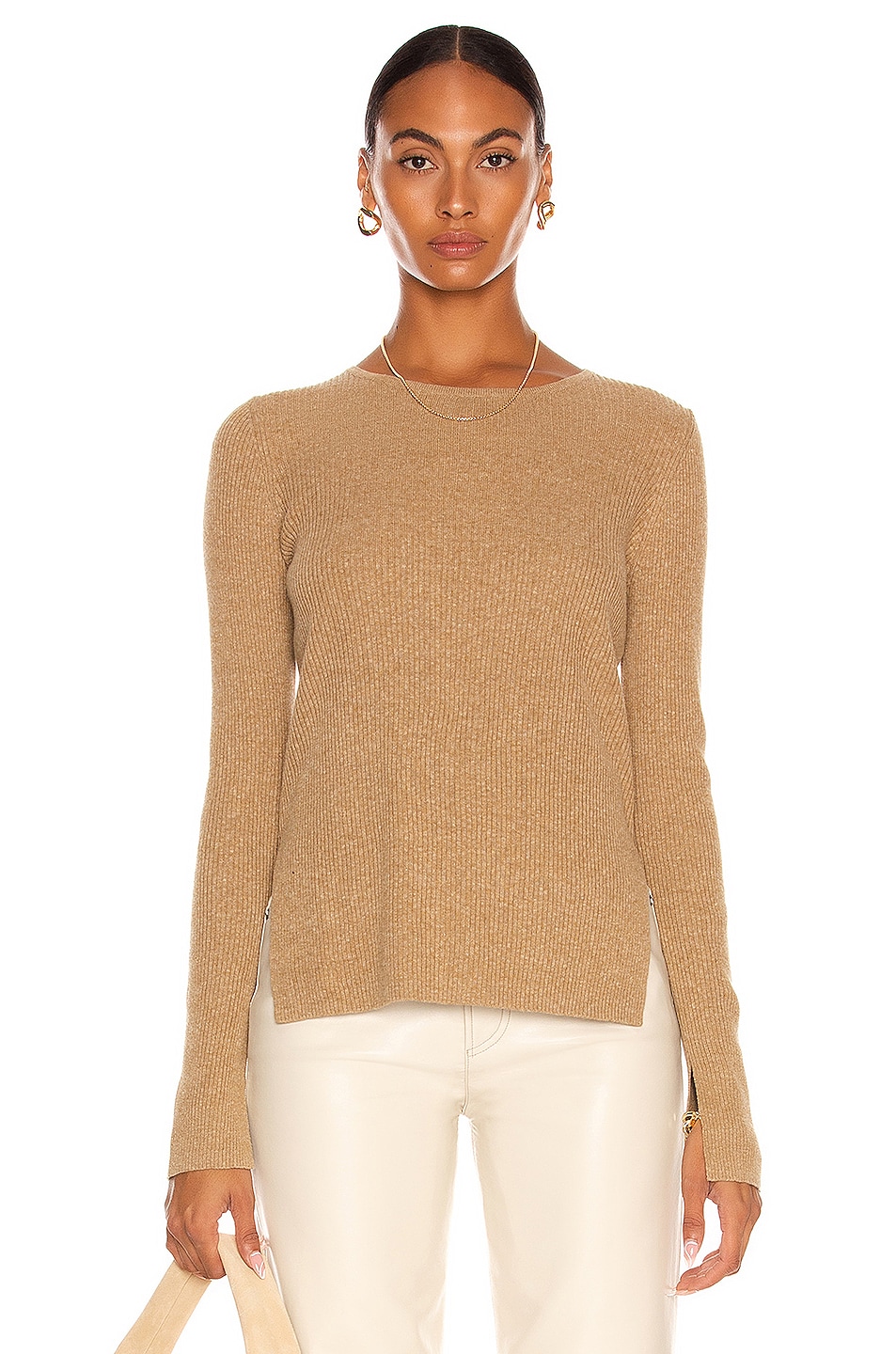 Image 1 of Bassike Fine Cotton Linen Ribbed Knit Sweater in Tan