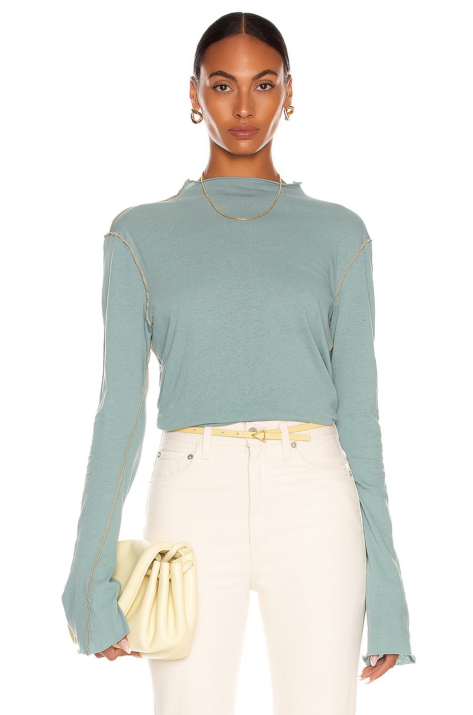 Image 1 of Bassike Contrast Raised Neck Long Sleeve Top in Teal Blue