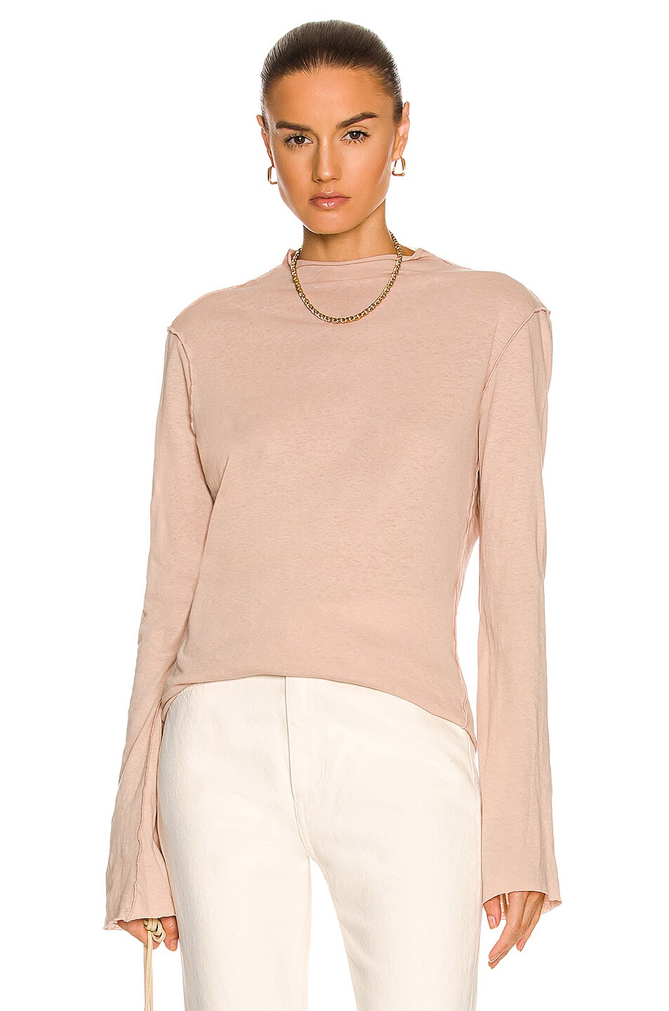 Image 1 of Bassike Contrast Raised Neck Long Sleeve Top in Smoke Pink