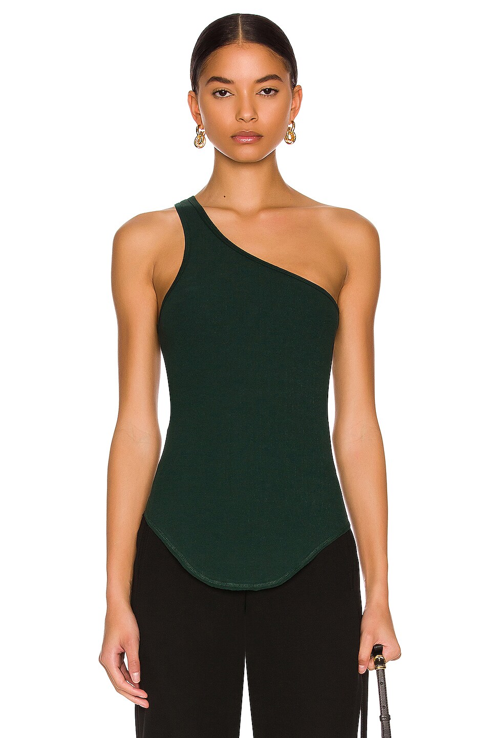 Image 1 of Bassike Contrast One Shoulder Rib Tank in Malachite & White