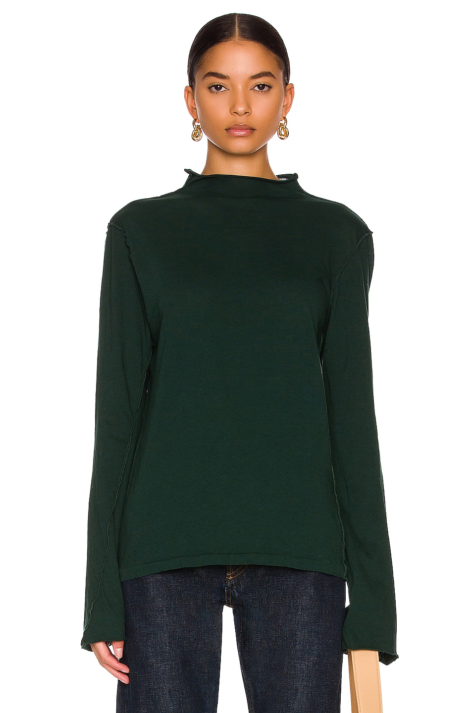 Image 1 of Bassike Contrast Raised Neck Long Sleeve Tee in Malachite