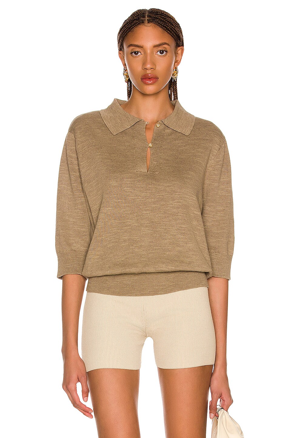 Image 1 of Bassike Placket Front Polo Knit Top in Artichoke