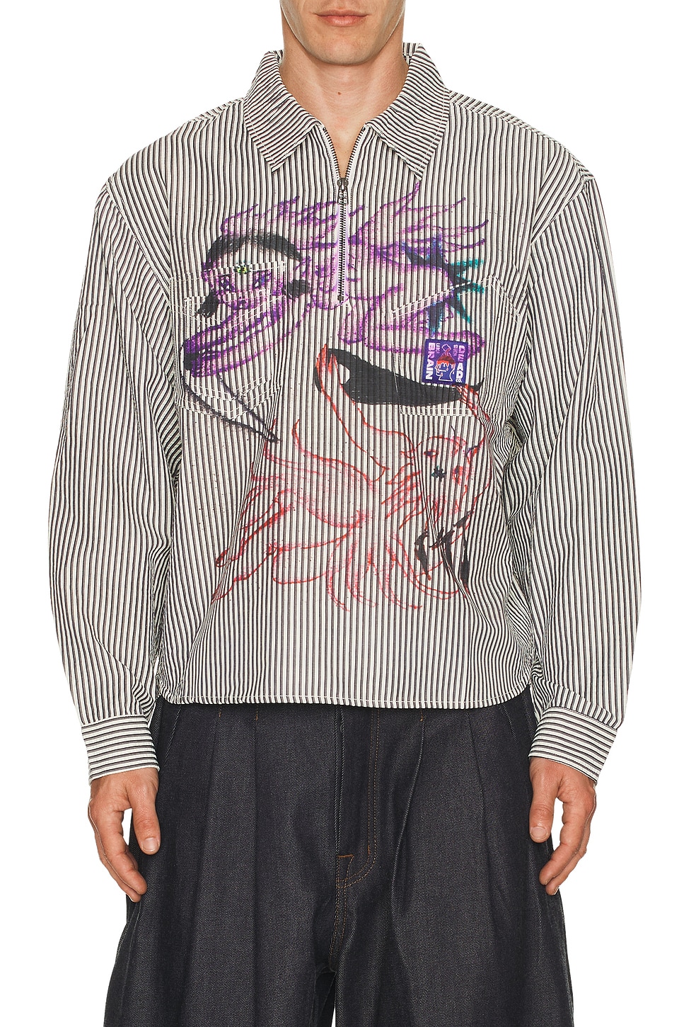 Image 1 of Brain Dead Angel Striped Half Zip Work Shirt in Natural