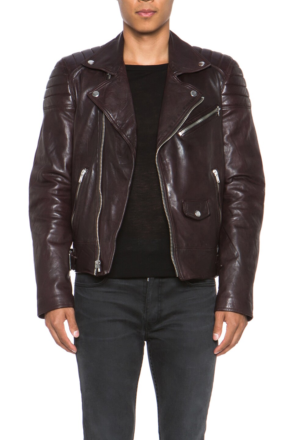 BLK DNM Padded Elbows Leather Biker Jacket in Aubergine | FWRD