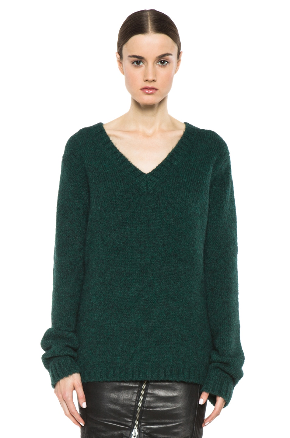 Image 1 of BLK DNM Loose Fit Nylon-Blend V-Neck Sweater in Pine Green