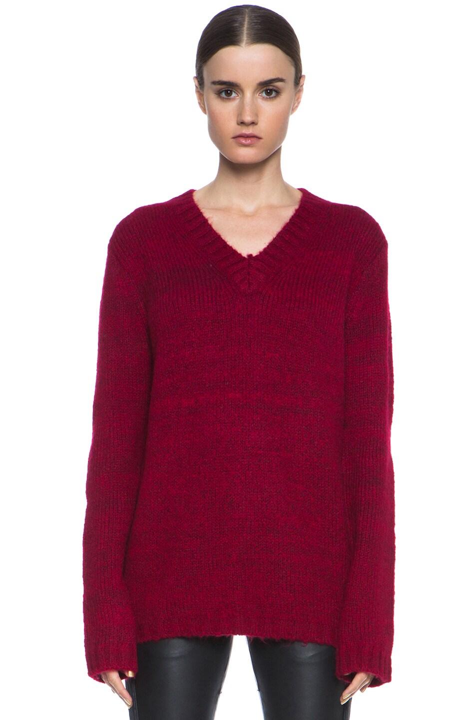 Image 1 of BLK DNM Loose Fit Nylon-Blend V-Neck Sweater in Crimson