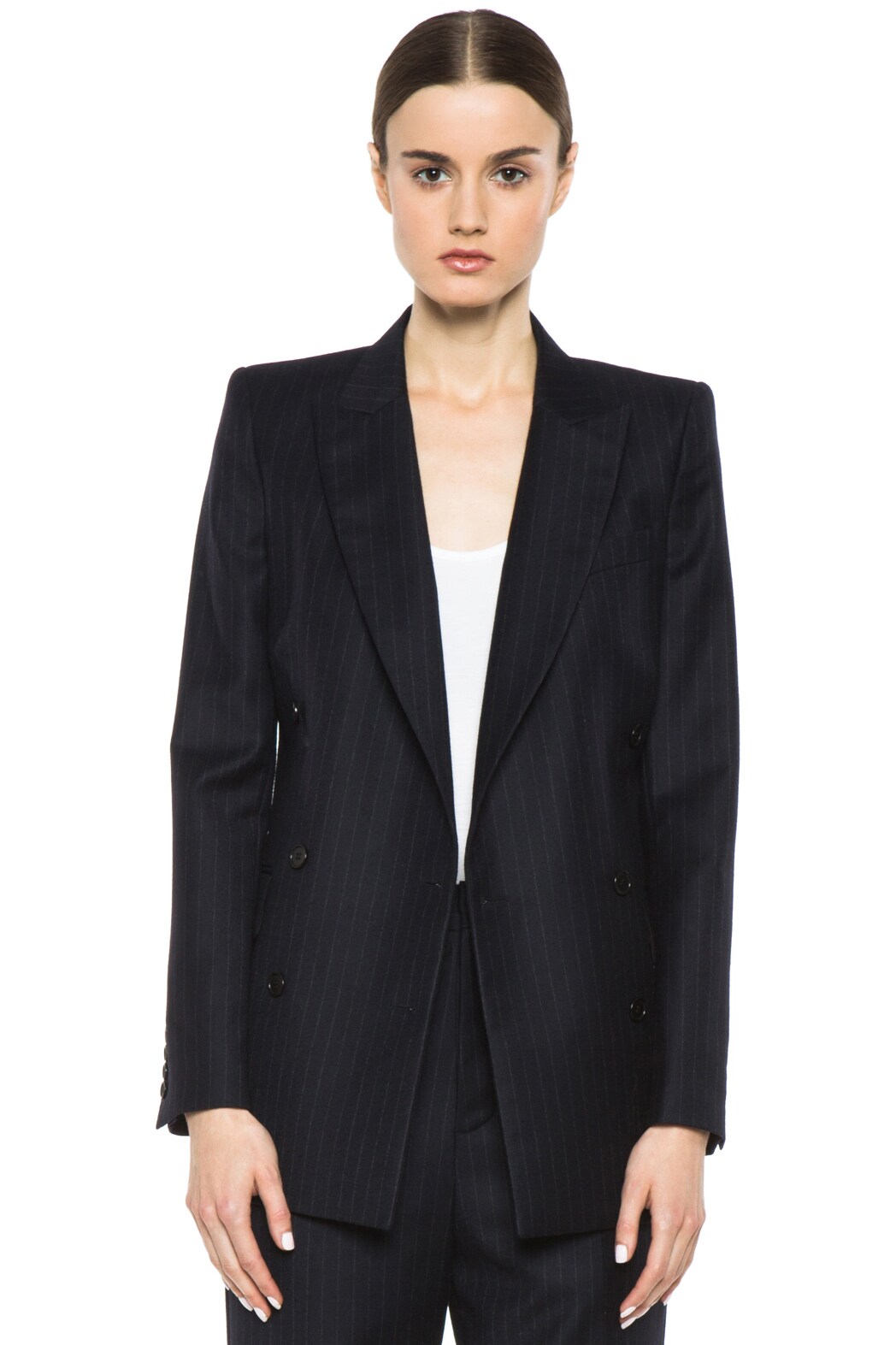 Image 1 of BLK DNM Double Breasted Tailored Wool Blazer in Navy Blue Pinstripe