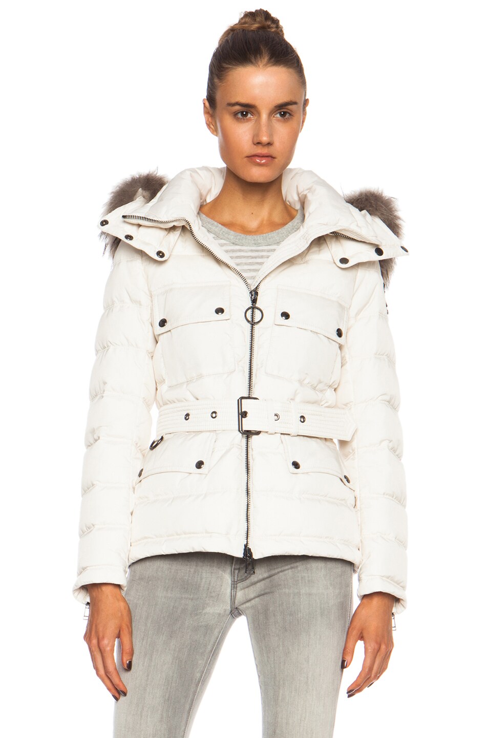 Belstaff Worthington Nylon Down Jacket with Fur Hood in Pale Stone | FWRD