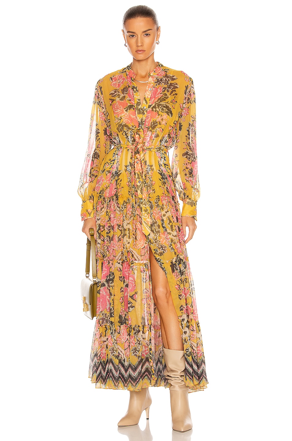 Image 1 of HEMANT AND NANDITA Nova Belted Tiered Maxi Dress in Mustard Multi