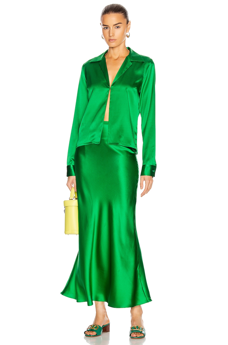 BERNADETTE Florence Silk Satin Skirt in Emerald | FWRD