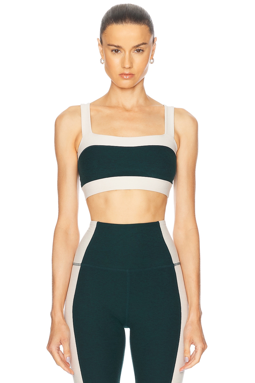 Image 1 of Beyond Yoga Spacedye Horizon Colorblock Sports Bra in Dark Spruce Green & Eggshell