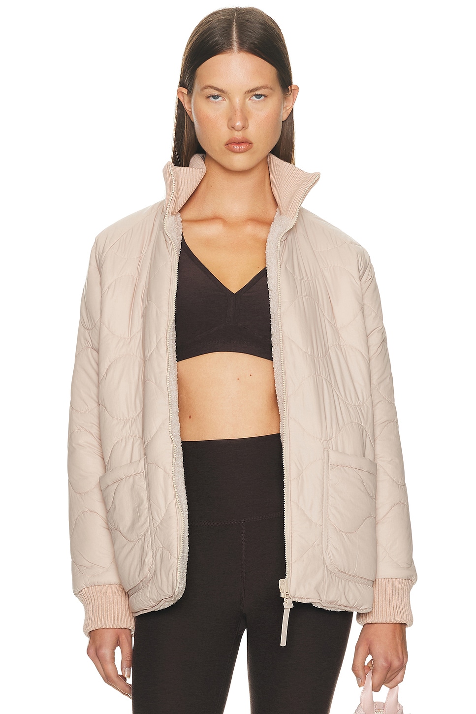 Image 1 of Beyond Yoga Reversible Quilted Fleece Jacket in Oat Latte