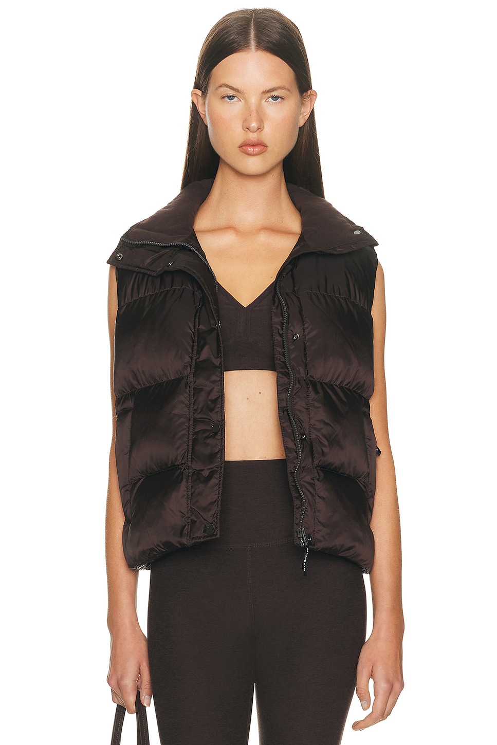 Beyond Yoga Big Cozy Puffer Vest In Brown