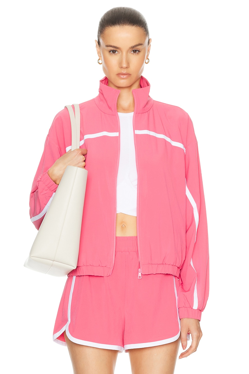 Image 1 of Beyond Yoga Go Retro Jacket in Pink Horizon & True White