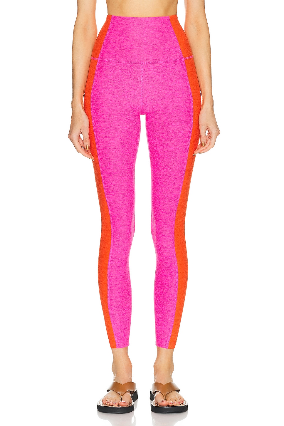 Image 1 of Beyond Yoga Spacedye Vitality Colorblock High Waisted Midi Legging in Pink Punch & Firecracker Red Block