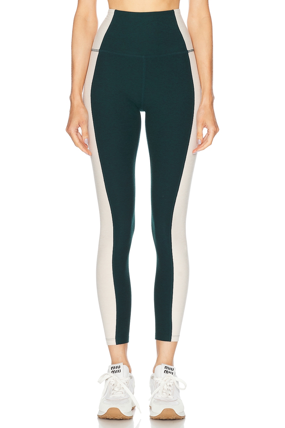 Shop Beyond Yoga Spacedye Vitality Colorblock High Waisted Midi Legging In Dark Spruce Green & Eggshell