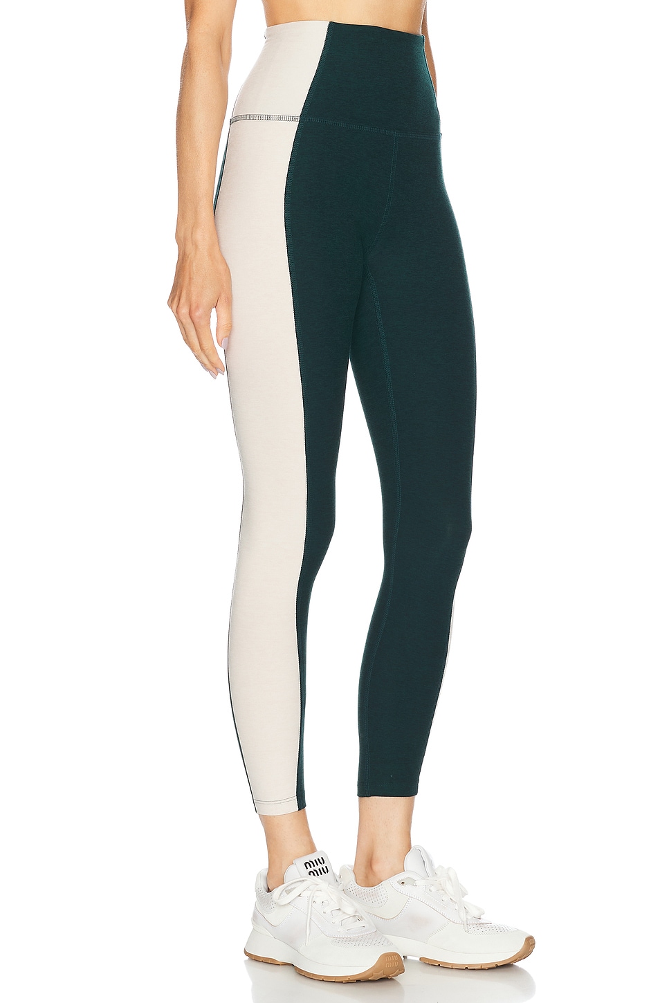 Shop Beyond Yoga Spacedye Vitality Colorblock High Waisted Midi Legging In Dark Spruce Green & Eggshell