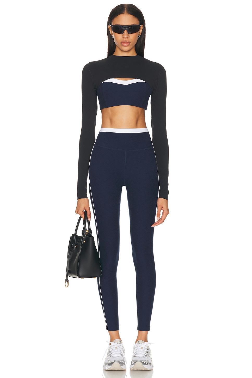 Image 6 of Beyond Yoga Spacedye Trophy High Waisted Midi Legging in Nocturnal Navy & Cloud White