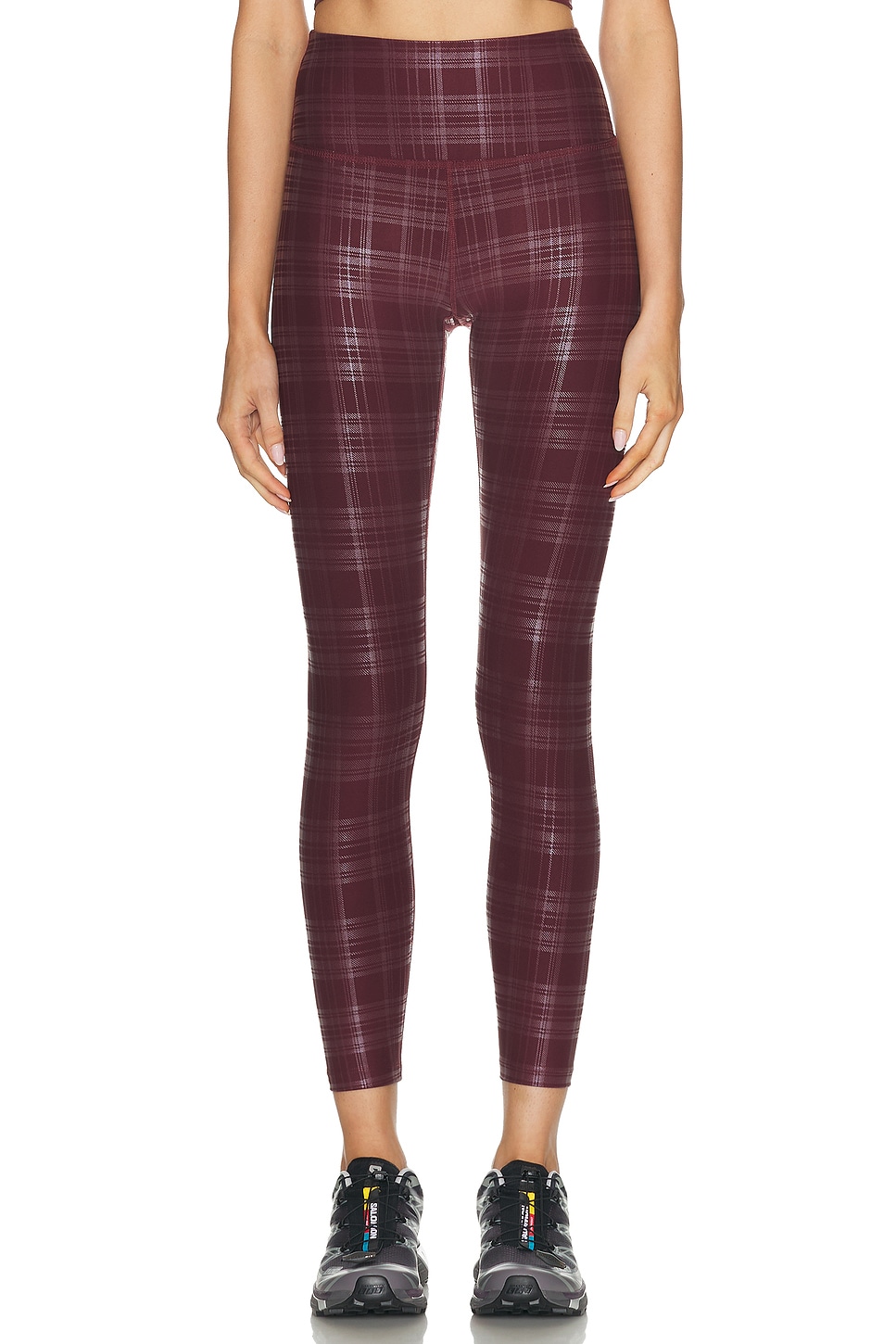 Image 1 of Beyond Yoga High Waisted Midi Legging in Plaid Foil Burgundy
