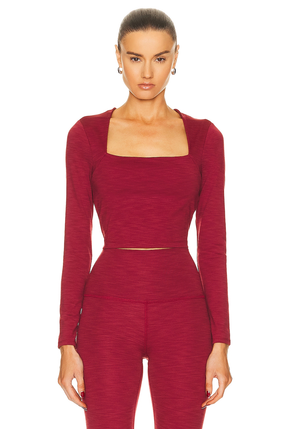Beyond Yoga Heather Rib Frame Cropped Pullover Top in Rose