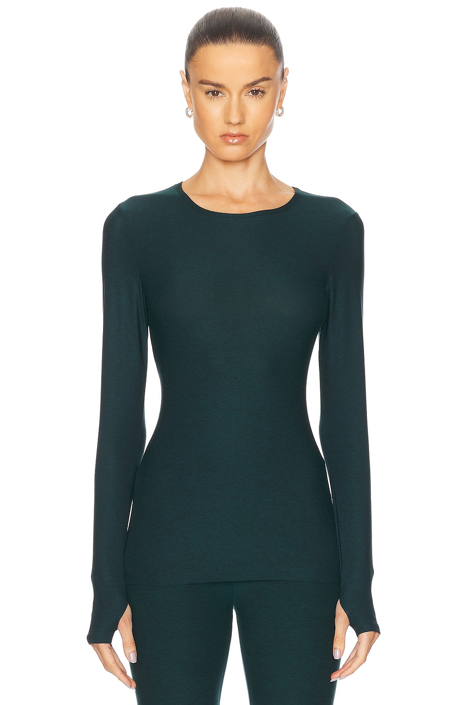 Image 1 of Beyond Yoga Featherweight Classic Crew Pullover Top in Dark Spruce Green Heather