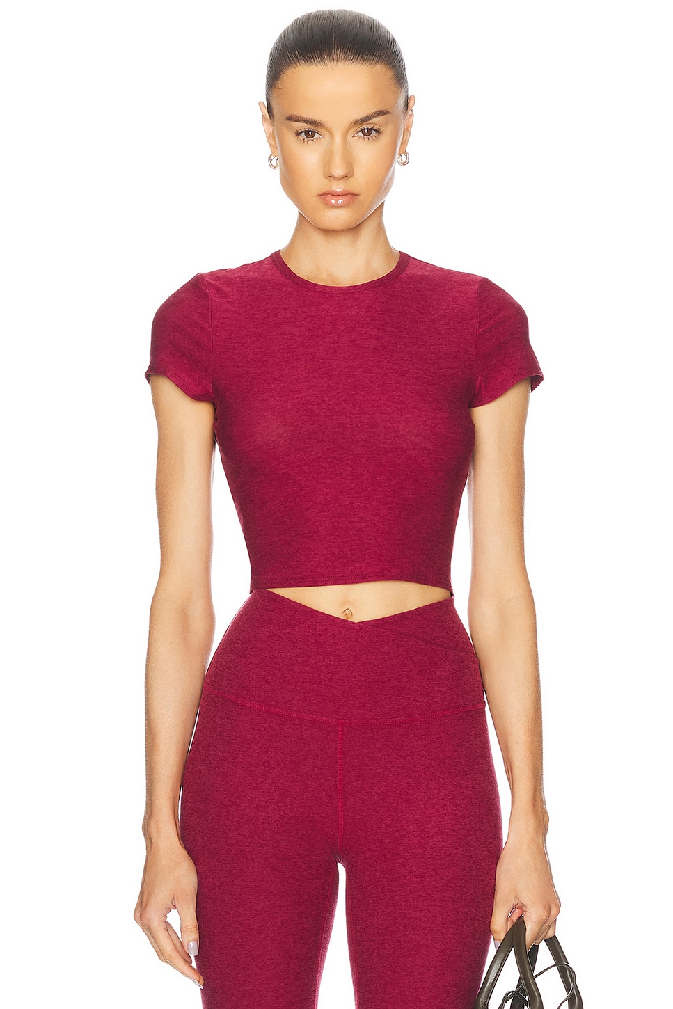 Image 1 of Beyond Yoga Featherweight Let Go Twist Back Cropped Tee in Bordeaux Heather