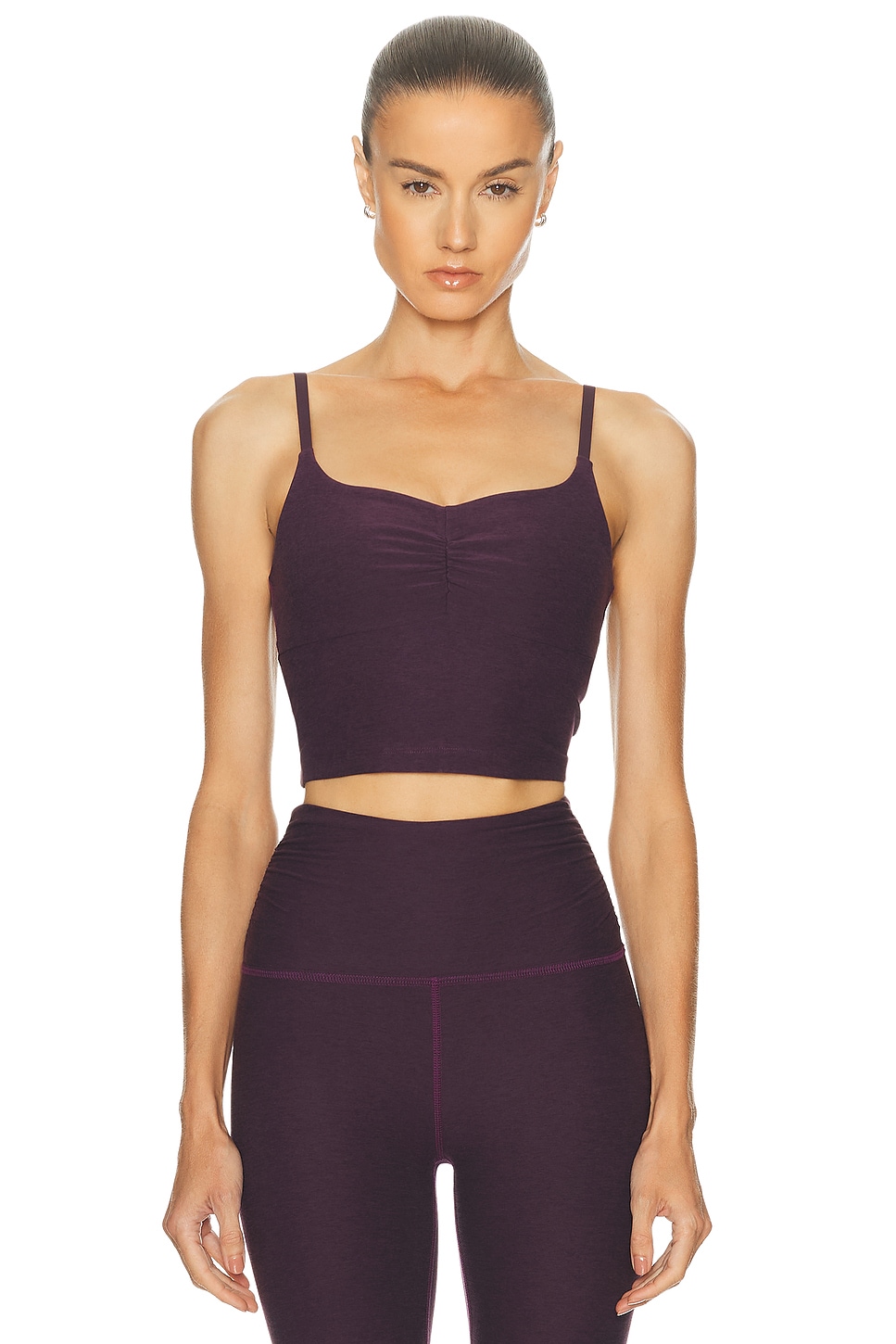 Image 1 of Beyond Yoga Spacedye Raised The Barre Shirred Cropped Tank Top in Eggplant Purple Heather