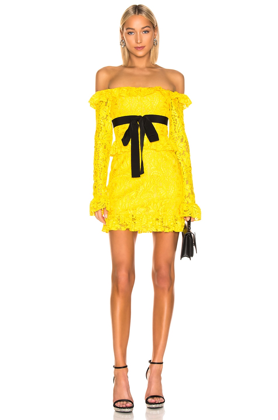 Image 1 of BROGNANO Off the Shoulder Lace Mini Dress in Yellow