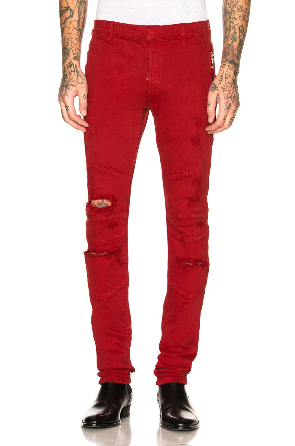Image 1 of BALMAIN Destroyed Zip Jeans in Red