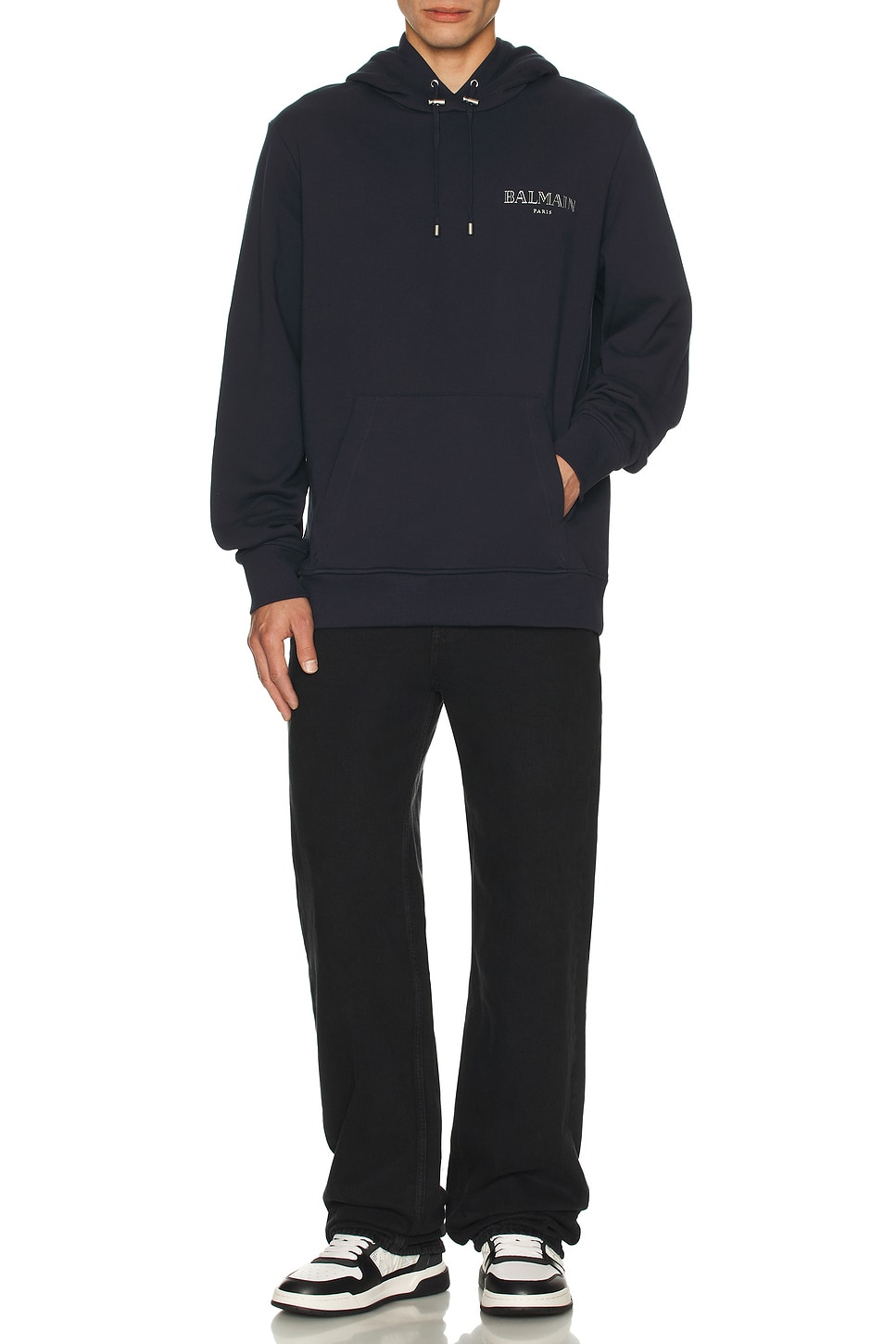 Image 1 of BALMAIN Vintage Gel Hoodie in Dark Navy & Chrome Grey