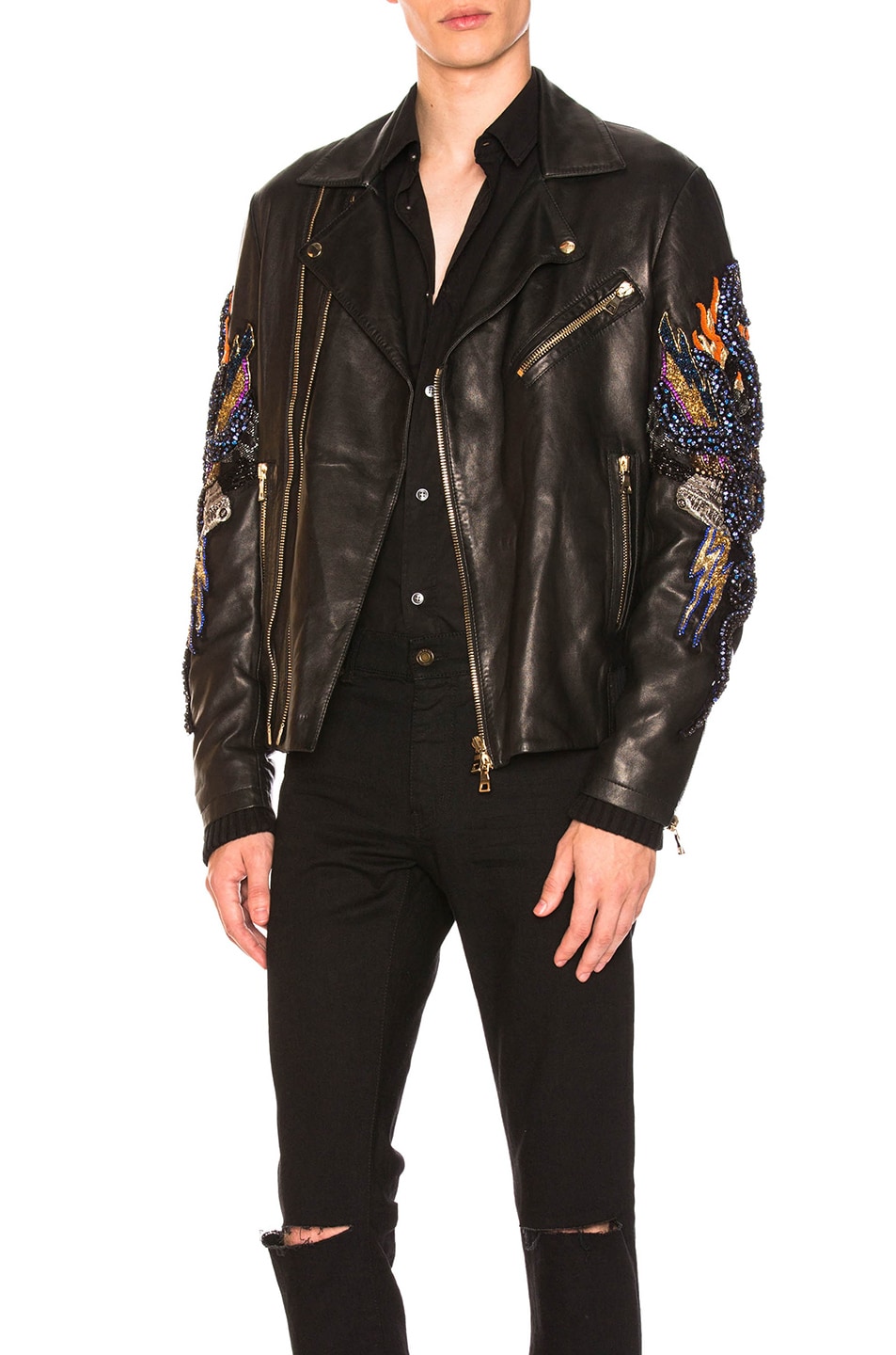 Image 1 of BALMAIN Serpent Embroidered Leather Jacket in Black